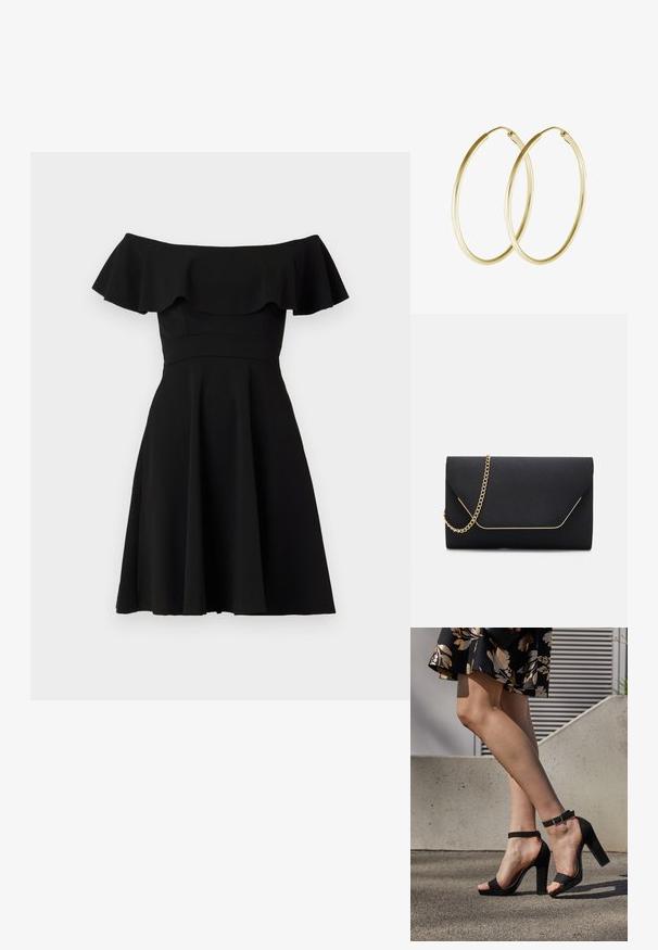 Zwart off-the-shoulder jurkje met een gerimpelde halslijn, een aansluitend lijfje en een uitlopende rok. Gemaakt van gladde stof met een effen afwerking.; Zwarte suède hoge hakken sandalen hebben een enkelband met een gesp, een open teenontwerp en een chunky hak. Glad textuur en minimalistische stijl.; Zwarte clutch tas met een soepele textuur, voorzien van een gouden schouderriem en een geometrische klepafsluiting omlijnd met goud.; Gouden hoop oorringen met een glad, rond ontwerp en een glanzende afwerking. Lichtgewicht constructie met een stevige sluiting.