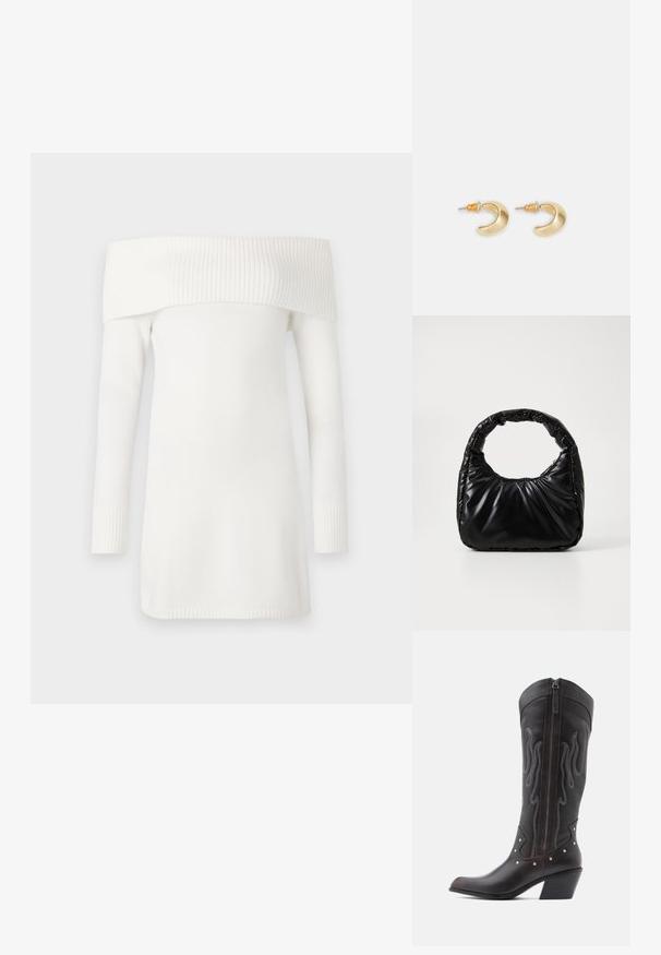 Suéter blanco off-the-shoulder con cuello acanalado y mangas largas. Textura suave, diseño hasta la rodilla y puños acanalados ajustados.; Botas de cowboy de cuero marrón con costuras en forma de llama, cremallera lateral, tachuelas plateadas, punta puntiaguda y tacón apilado.; Bolso negro acolchado con un asa redondeada, que presenta una superficie lisa y brillante y una textura suave y acolchada. Sin herrajes ni acentos visibles.; Pendientes en forma de media luna de oro con un acabado suave, que presentan acentos naranjas cerca del pasador y herrajes de plata.