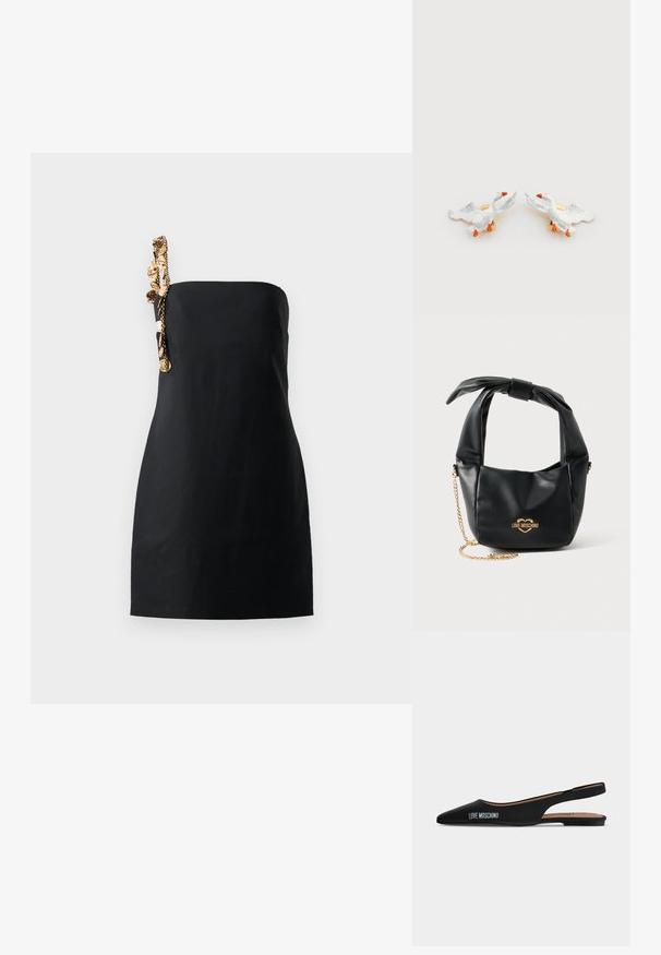 Sort mini kjole med en struktureret, lige pasform og en dekorativ kæde i guldfarve på den ene skulder. Glat stofstruktur.; Sort spids slingback flad sko med lav hæl og "LOVE MOSCHINO"-logo på siden mod en enkel lys baggrund.; Sort blød læder Love Moschino håndtaske med knyttet håndtag og guldkæde-strop på hvid baggrund.; Keramiske andeformede ørestikker med hvide kroppe, orange næb og guldfarvet metal, med hævede vinger og detaljerede teksturer.