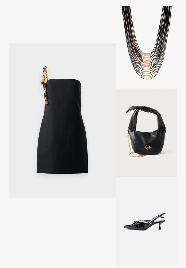 Un vestido negro mini con un corte estructurado y recto, y un detalle decorativo de cadena en tono dorado en un hombro. Textura de tela suave.; Zapato de salón slingback de charol negro con punta afilada, tacón bajo tipo kitten, y detalle decorativo de lazo anudado en la parte delantera.; Bolso Love Moschino de piel negra suave con asa anudada y correa de cadena dorada sobre fondo blanco.; Collar negro de múltiples hebras que presenta cuerdas entrelazadas y acentos en tono dorado, creando un diseño en capas con longitudes y texturas variadas.