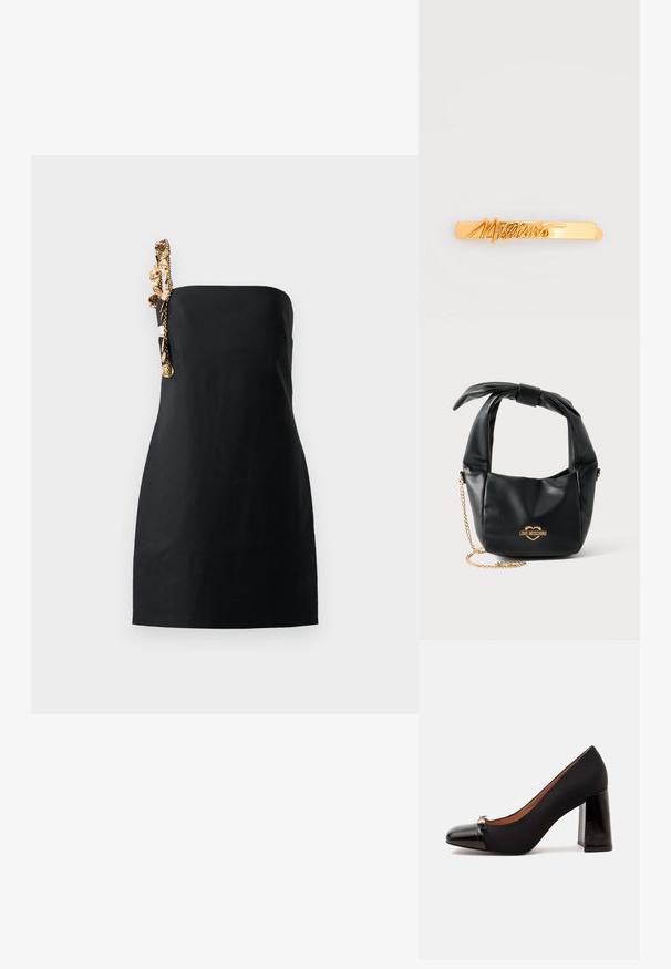 Robe noire mini avec une coupe structurée et droite, ornée d'une chaîne décorative dorée sur une épaule. Texture de tissu lisse.; Escarpin noir pour femme avec talon bloc, bout verni et petite boucle métallique décorative à l'avant.; Sac à main Love Moschino en cuir noir souple avec poignée nouée et bandoulière chaîne dorée sur fond blanc.; Barrette en métal doré ornée du logo script "Moschino". Finition lisse, forme rectangulaire, avec une texture brillante.
