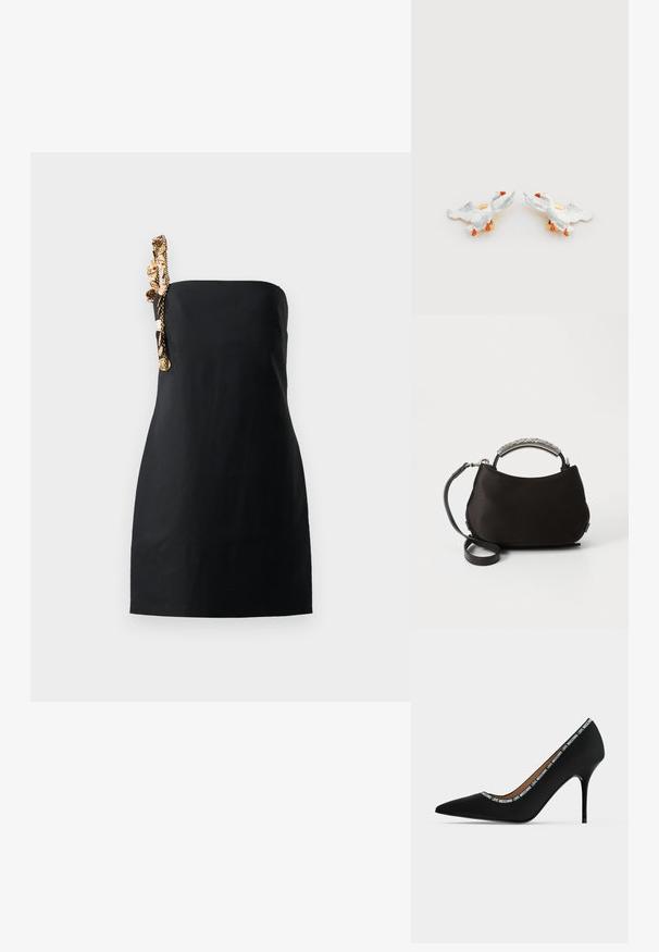Un vestido negro mini con un corte estructurado y recto, y un detalle decorativo de cadena en tono dorado en un hombro. Textura de tela suave.; Zapato de tacón alto puntiagudo negro con tacón de aguja y adorno de texto "LOVE MOSCHINO" a lo largo del borde de la abertura, vista lateral sobre fondo blanco.; Bolso de satén negro con un asa curva de plata y una correa negra desmontable. Textura suave y forma redondeada con un diseño minimalista.; Pendientes de cerámica en forma de pato con cuerpos blancos, picos naranjas y herrajes de tono dorado, con alas elevadas y texturas detalladas.