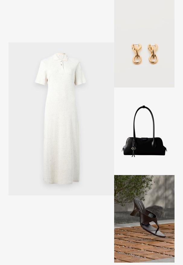 Robe midi en tricot côtelé blanc avec manches courtes, col et patte de boutonnage à trois boutons, présentant un motif discret de taches multicolores.; Sandale à talon marron Calvin Klein suspendue au-dessus d'un sol extérieur en dalles de bois et gravier avec un arrière-plan flou de verdure et de pierres.; Sac à main en cuir noir Calvin Klein avec de longues anses, une étiquette logo à l'avant et un charme géométrique argenté suspendu à une anse.; Paire de boucles d'oreilles créoles en bouclettes dorées brillantes sur fond blanc uni, présentant un design torsadé entrelacé.