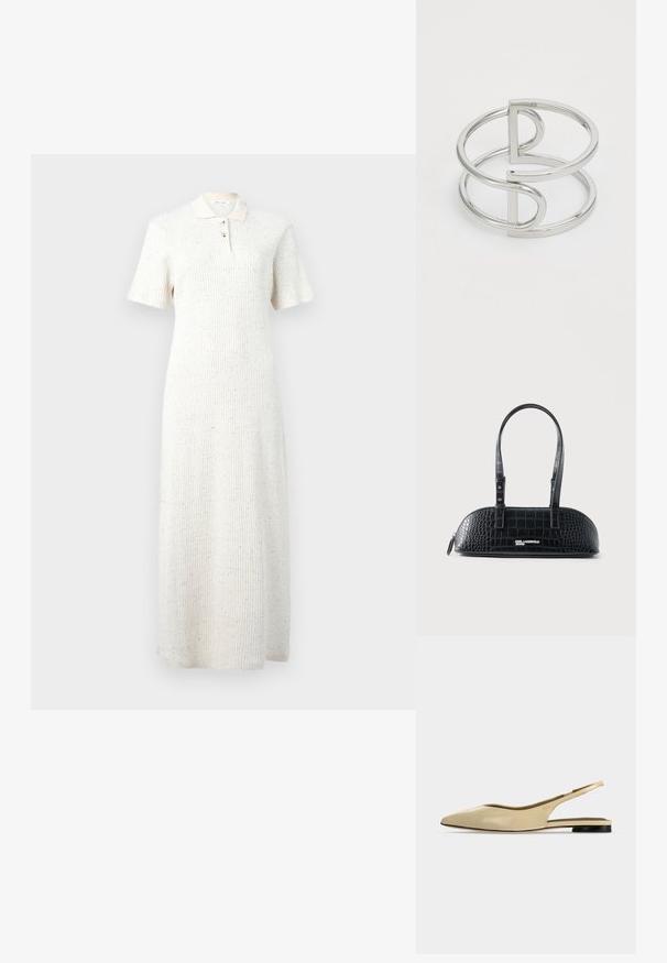 Robe midi en tricot côtelé blanc avec manches courtes, col et patte de boutonnage à trois boutons, présentant un motif discret de taches multicolores.; Chaussure plate beige à bout pointu avec bride arrière, petit talon noir et finition en cuir lisse, vue de côté sur un fond uni.; Sac à main en cuir noir texture crocodile avec deux anses et logo Karl Lagerfeld Jeans à l'avant.; Bracelet en métal argenté avec un design à double boucle, fini lisse et brillant, et un accent géométrique minimaliste.