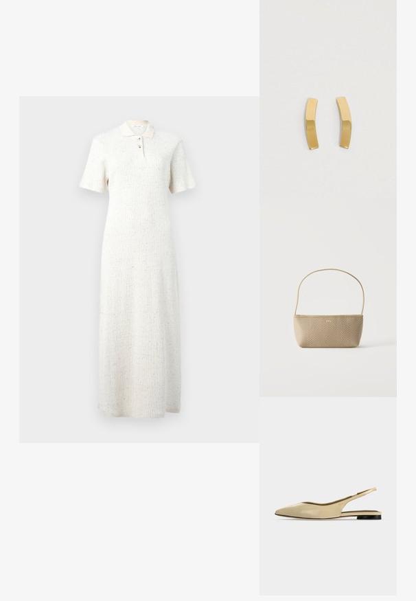 Robe midi en tricot côtelé blanc avec manches courtes, col et patte de boutonnage à trois boutons, présentant un motif discret de taches multicolores.; Chaussure plate beige à bout pointu avec bride arrière, petit talon noir et finition en cuir lisse, vue de côté sur un fond uni.; Sac à main tissé beige avec fine bandoulière et petit logo doré "BOSS" à l'avant, présenté sur fond blanc uni.; Boucles d'oreilles en métal doré avec un design cintré et allongé. La surface est lisse et polie, arborant un style minimaliste.