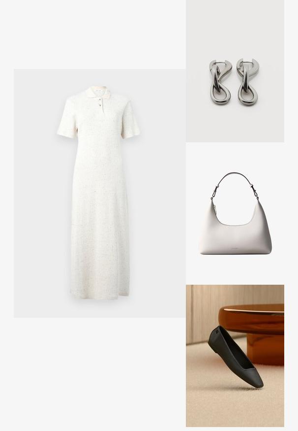 Robe midi en tricot côtelé blanc avec manches courtes, col et patte de boutonnage à trois boutons, présentant un motif discret de taches multicolores.; Chaussure plate noire à bout pointu reposant sur un tapis beige près d'une table ronde de couleur ambre dans un décor minimaliste.; Sac à bandoulière en cuir couleur crème de Calvin Klein avec bord supérieur incurvé, fermeture éclair argentée et sangle ajustable brun foncé.; Paire de boucles d'oreilles en métal argenté avec un motif abstrait d'anneaux entrelacés sur fond blanc.