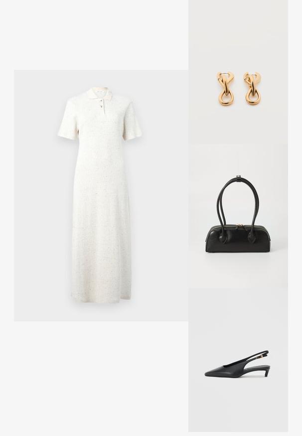 Robe midi en tricot côtelé blanc avec manches courtes, col et patte de boutonnage à trois boutons, présentant un motif discret de taches multicolores.; Des escarpins à talon ouvert noirs avec un bout pointu, une texture en cuir lisse, un petit talon aiguille, et une sangle avec un accent de boucle en métal.; Sac à main en cuir noir avec deux anses allongées, fermeture éclair et forme arrondie ; texture lisse avec une finition légèrement brillante.; Paire de boucles d'oreilles créoles en bouclettes dorées brillantes sur fond blanc uni, présentant un design torsadé entrelacé.