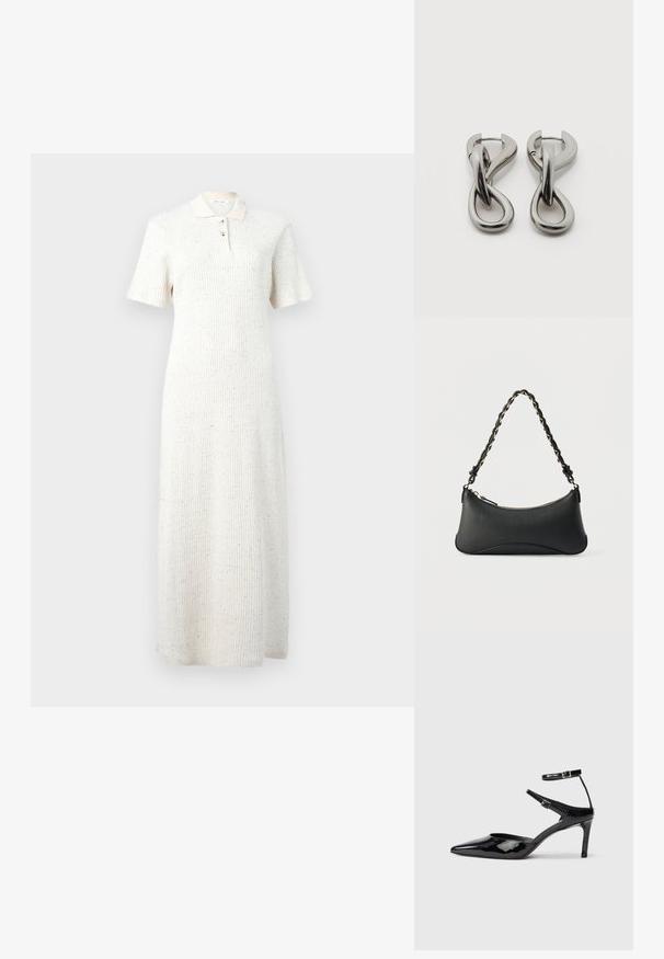 Robe midi en tricot côtelé blanc avec manches courtes, col et patte de boutonnage à trois boutons, présentant un motif discret de taches multicolores.; Talons en cuir verni noir avec un bout pointu, des sangles de cheville ajustables et un talon fin. Texture lisse avec une finition brillante.; Sac à bandoulière en cuir noir de forme rectangulaire incurvée, avec une chaîne dorée tissée dans la bandoulière noire tressée et une fermeture éclair sur le dessus.; Paire de boucles d'oreilles en métal argenté avec un motif abstrait d'anneaux entrelacés sur fond blanc.