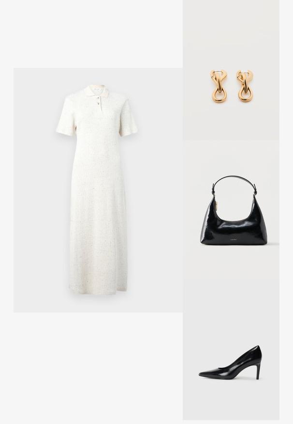 Robe midi en tricot côtelé blanc avec manches courtes, col et patte de boutonnage à trois boutons, présentant un motif discret de taches multicolores.; Chaussure à talon haut en cuir noir avec un bout pointu, texture lisse et un talon effilé. Design minimaliste, sans embellissements supplémentaires.; Sac à main Calvin Klein noir brillant avec fermeture éclair dorée et anse courte sur fond blanc uni.; Paire de boucles d'oreilles créoles en bouclettes dorées brillantes sur fond blanc uni, présentant un design torsadé entrelacé.