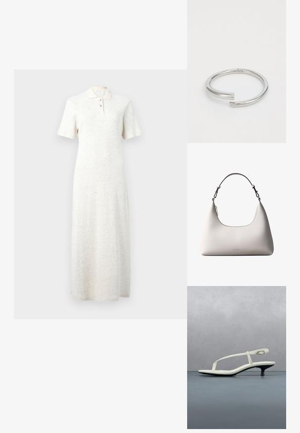 Robe midi en tricot côtelé blanc avec manches courtes, col et patte de boutonnage à trois boutons, présentant un motif discret de taches multicolores.; Sandale blanche à talon kitten avec des lanières et un bout pointu, flottant au-dessus d'un sol en carrelage en bois en plein air avec un arrière-plan flou de plante et de mur.; Sac à bandoulière en cuir couleur crème de Calvin Klein avec bord supérieur incurvé, fermeture éclair argentée et sangle ajustable brun foncé.; Calvin Klein SPIRAL - Bracelet - silver-coloured