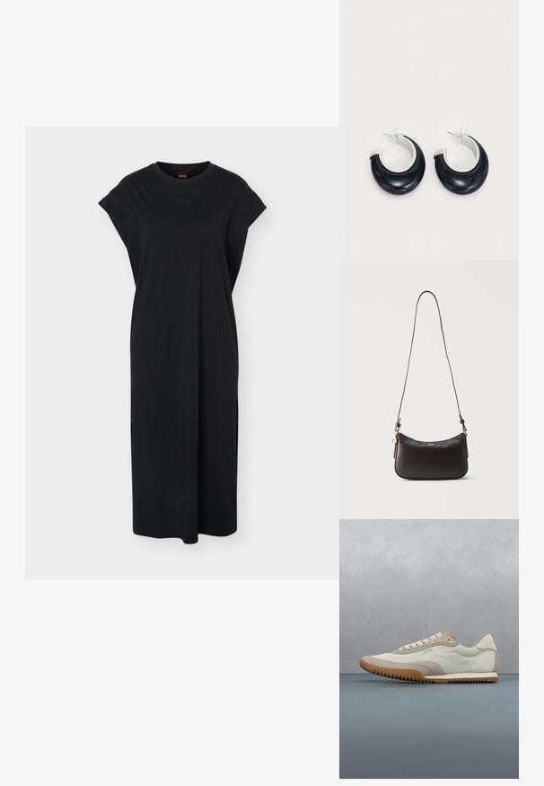 Robe midi noire sans manches avec encolure ronde, broderie discrète du logo sur la poitrine, et coupe décontractée, présentée sur un fond blanc uni.; Sneakers blancs et beiges avec une tige lisse et des accents en daim, une semelle texturée et des coutures ton sur ton. Fermeture à lacets avec détail de logo.; Sac à épaule en cuir noir avec fermeture éclair dorée, logo "BOSS" doré et bandoulière réglable sur fond clair uni.; Boucles d'oreilles en résine noire avec une finition brillante et des accents en métal argenté. Forme circulaire avec une découpe et une fermeture à tige.