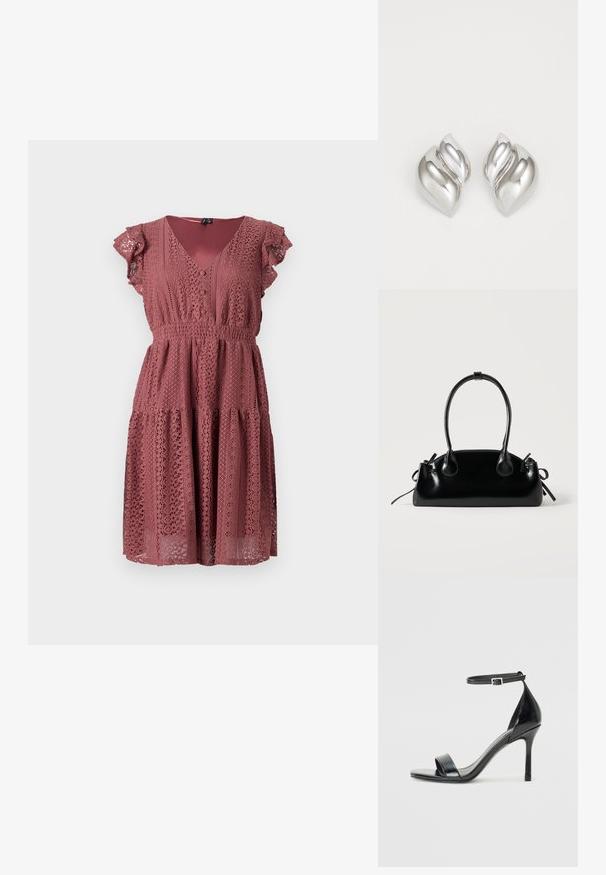 Vestido de mangas acampanadas en rosa empolvado con detalles de encaje, escote en V, cintura elasticada y falda en capas con patrones recortados.; Sandal de tacón alto de charol negro con punta abierta, una sola tira en la parte frontal y una correa en el tobillo ajustable.; Pequeño bolso negro brillante con dos asas largas y detalles de cordón lateral sobre un fondo claro liso.; Pendientes de plata con una forma orgánica y abstracta. Superficie lisa y brillante con un diseño cónico. Presentan suaves curvas y un detalle de línea central.