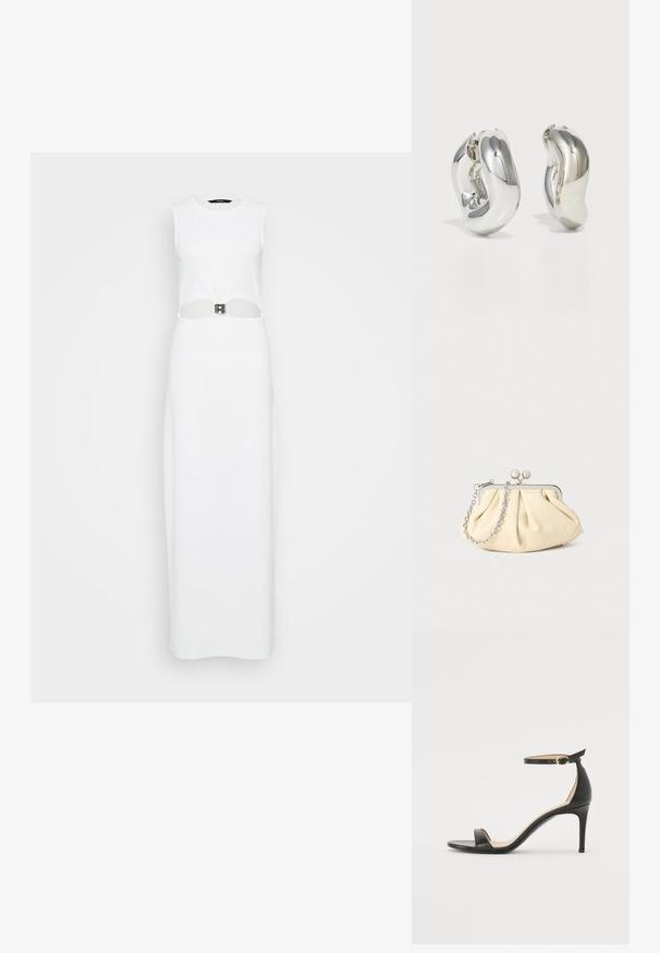 Robe maxi sans manches blanche avec une découpe centrale ornée d'un détail de ceinture métallique. Texture lisse, silhouette droite.; Sandale à talons hauts en cuir noir avec une lanière de cheville. Présente une texture lisse, un bout ouvert et un talon fin. Détail de boucle en ton doré.; Pochette en cuir beige plissé avec un cadre en métal argenté, dotée de deux fermoirs ronds décoratifs et d'une chaîne en argent.; Boucles d'oreilles sculpturales en argent avec des formes douces et courbes et des surfaces réfléchissantes. Présentent un design de boucle fermée et une forme organique distincte.