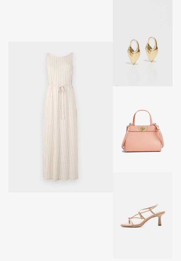Lange beige jurk met verticale zwarte strepen, zonder mouwen, uitholling halslijn en een strikriem bij de taille. Lichtgewicht stof.; Beige sandaal met hoge hak en dunne bandjes, kleine gesp, vierkante neus en middelhoog gebogen hak.; Kleine rozenroze leren handtas met gouden rechthoekige draai-sluiting, korte handvatten en afneembare schouderriem.; Goudkleurige hartvormige oorbellen met een gladde, gepolijste afwerking. Voorzien van een scharnierend ontwerp voor gemakkelijk dragen en een opvallende sluiting.