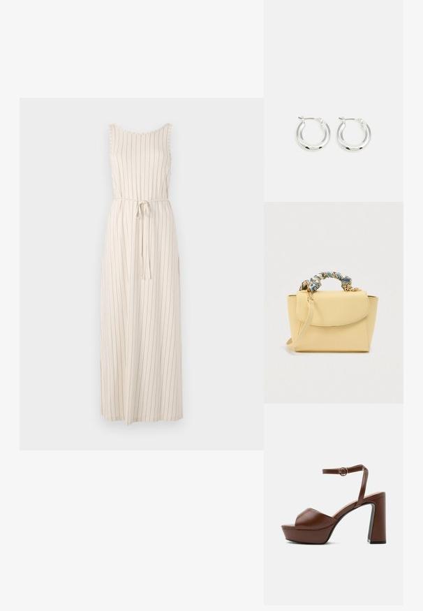 Lang beige kjole med lodrette sorte striber, ærmeløs design, rund hals og et bælte i taljen. Letvægtsstof.; Brun læder platform sandal med tyk høj hæl, åben tå og justerbar ankelrem med gyldent spænde, vist fra siden.; Lille beige håndtaske med stof-indpakket topstrop i blå og creme mønstre, klaplukning og aftagelig skulderrem på hvid baggrund.; Sølv hoop-øreringe med en poleret finish, der har en cirkulær form og en hængslet lukning. Glat tekstur med minimal detaljering.