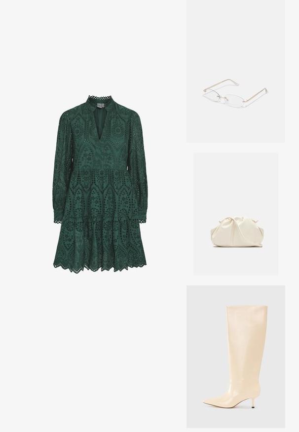 Grünes Spitzenkleid mit V-Ausschnitt, langen Ärmeln und einem mehrstufigen Rock. Verfügt über aufwendige Ausschnittmuster und gewellte Kanten entlang des Saums.; Knöchelhoher, beiger Lederstiefel mit glatter, eleganter Oberfläche, spitzer Zehenform und einem niedrigen, schlanken Absatz. Verfügt über ein minimalistisches Design und keine sichtbaren Akzente.; Goldfarbene Metallbrille mit ovalen Gläsern, schlanken Bügeln und klaren Nasenpolstern. Verfügt über subtile Scharnierakzente und transparente Gläser.; Weiche, cremefarbene Leder-Clutch mit gerafftem Design und einem dünnen Schulterriemen, der vorne auf einem schlichten Hintergrund liegt.