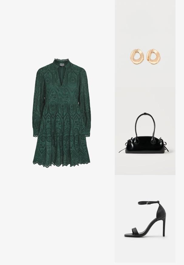 Grünes Spitzenkleid mit V-Ausschnitt, langen Ärmeln und einem mehrstufigen Rock. Verfügt über aufwendige Ausschnittmuster und gewellte Kanten entlang des Saums.; Schwarze hochhackige Sandale mit elegantem Design, featuring einem Knöchelriemen, offener Zehenpartie und glattem Lederfinish.; Kleine schwarze glänzende Handtasche mit zwei langen Griffen und seitlichen Kordelzug-Details vor einfachem hellem Hintergrund.; Paar unregelmäßig geformter, polierter Creolen aus goldfarbenem Metall mit offenem Zentrum auf weißem Hintergrund.