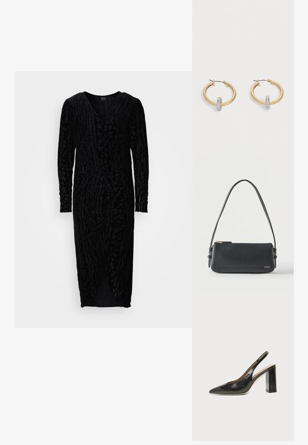 Sort fløjlskjole med dyb V-udskæring, lange ærmer og strukturerede bladmønstre. Har en frontsplit og en tætsiddende silhuet.; Sort læder peep-toe slingback sko med høj blokhæl og beige indvendig foring mod en ensfarvet lys baggrund.; Sort rektangulær skuldertaske i læder med guld lynlås og lille guld "HUGO"-logo på fronten, med justerbar strop med spænde.; Par guldtonede hoop øreringe med lille sølvfarvet loop-detalje på hver, vist mod lysegrå baggrund.