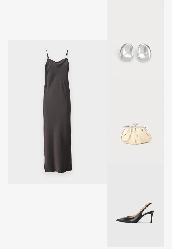 Schwarzes Satin-Nachthemd mit dünnen verstellbaren Trägern, einem tiefen V-Ausschnitt und einer geraden Silhouette, die bis zur Mitte der Waden reicht. Glatte Textur.; Schwarze Leder-Slingback-High-Heels mit spitzem Zehenbereich, verstellbarem Riemen und schlankem Stiletto-Absatz, ausgestattet mit einer glatten Oberfläche.; Faltige beigefarbene Ledertasche mit einem silbernen Metallrahmen, ausgestattet mit zwei runden dekorativen Verschlüssen und einem silbernen Kettenriemen.; Silberne Ohrstecker mit einem glatten, runden Design, das eine reflektierende Oberfläche und sanfte Kurven aufweist, was ihnen ein organisches, kieselsteinähnliches Aussehen verleiht.