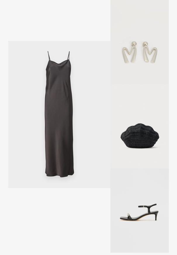 Schwarzes Satin-Nachthemd mit dünnen verstellbaren Trägern, einem tiefen V-Ausschnitt und einer geraden Silhouette, die bis zur Mitte der Waden reicht. Glatte Textur.; Schwarze Leder-Sandale mit Absatz und Knöchelriemen, offenem Zehenbereich, quadratischer Vorderseite und silbernen Metallakzenten. Eng anliegendes Design mit schlanker Silhouette.; Schwarze Korbtasche in Muschelform mit gebogenem Oberteil und gewebter Textur auf einfarbigem Hintergrund.; Paar silberfarbene Metallohrringe in Form des kantigen Buchstabens M mit abgerundeten Stegen auf weißem Hintergrund.