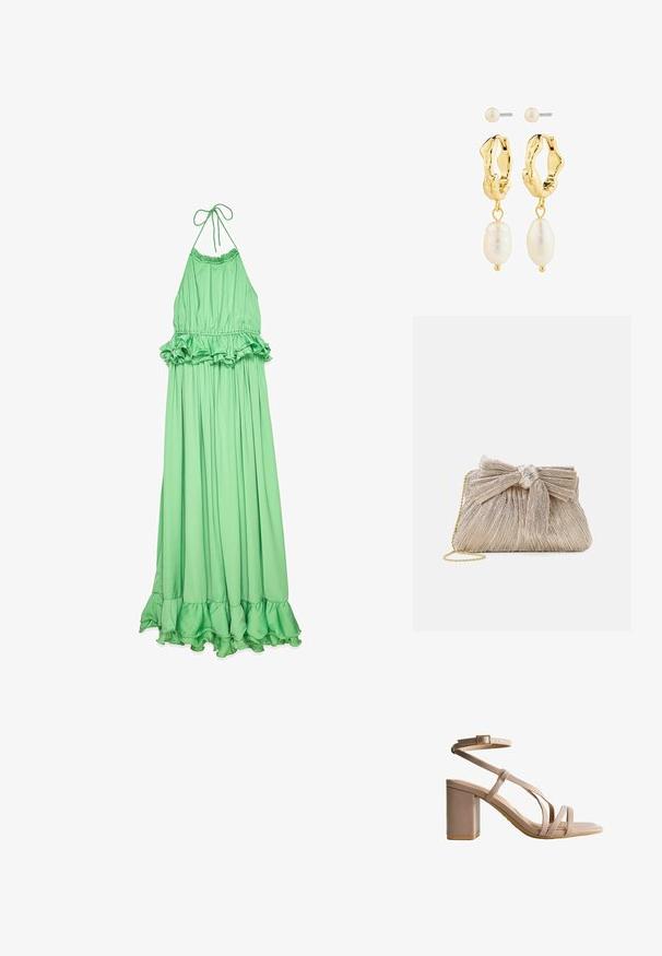 Robe maxi halter verte en tissu lisse, avec une taille et un ourlet volants, et une silhouette plissée et fluide.; Sandale beige à talon haut bloc, avec fines lanières croisées sur les orteils et bride réglable à la cheville avec boucle.; Pochette en or métallisé avec tissu plissé, dotée d'un nœud en haut et d'une bandoulière en chaîne dorée pour une polyvalence et une facilité de transport.; Boucles d'oreilles créoles dorées avec un design texturé, ornées de perles ovales et rondes blanches suspendues à chaque créole. Boucles d'oreilles simples en stud incluses.