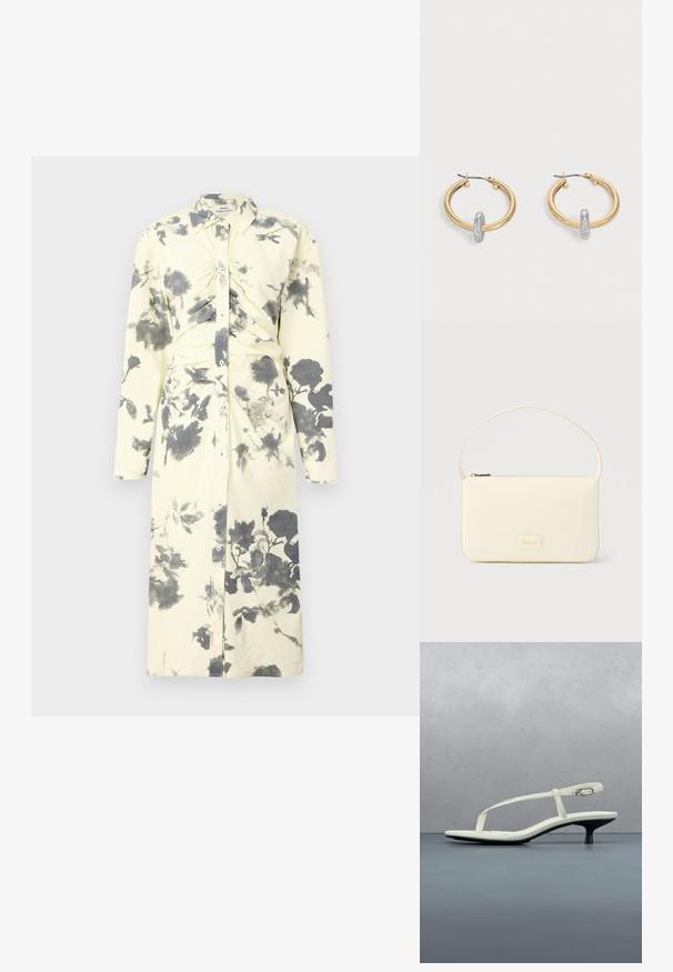 Vestido de mangas largas y botones en suave tela amarilla con un estampado floral negro y detalles fruncidos en la cintura.; Sandalia blanca de tacón kitten con tiras y punta afilada, flotando sobre un suelo de baldosas de madera al aire libre, con un fondo desenfocado de plantas y pared.; Bolso rectangular color crema con una sola correa y cremallera superior, con una pequeña placa de logotipo en relieve en el frente.; Par de pendientes de aro en tono dorado con pequeño detalle de aro en tono plateado en cada uno, expuestos sobre un fondo gris claro.