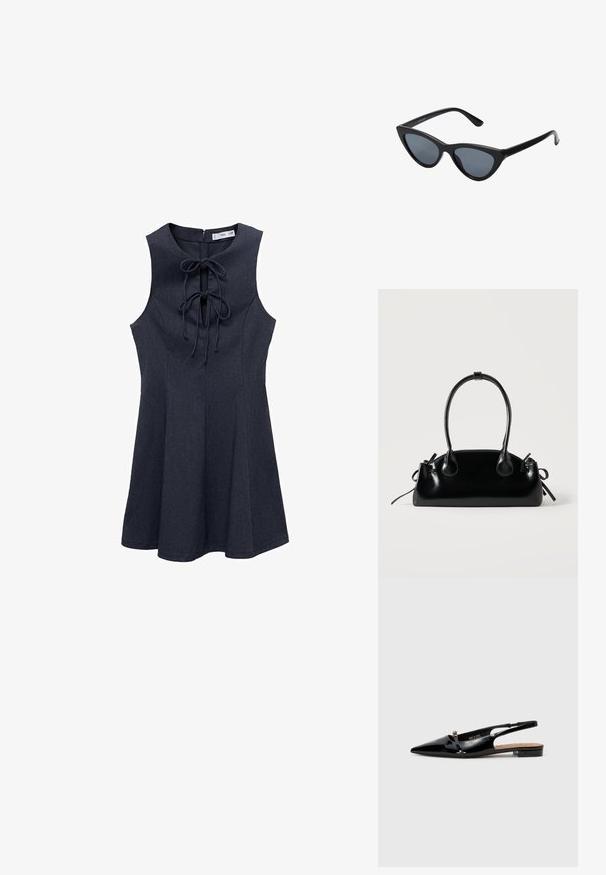 Marineblauw denim zonder mouwen jurk met een aansluitend lijfje en een uitlopende rok. Voorzien van een vetering aan de voorkant en een ritssluiting aan de achterkant. Soepele textuur.; Zwarte gepatineerde slingback schoen met een spitse neus, minimalistisch ontwerp, kleine hak en zilveren gesp accent op de strap.; Zwarte cat-eye zonnebril met donkergrijze lenzen, slank plastic frame, puntige hoeken en rechte pootjes. Geen zichtbare hardware of accenten.; Kleine zwarte glanzende handtas met twee lange hengsels en zijkant trekkoord details op een effen lichte achtergrond.
