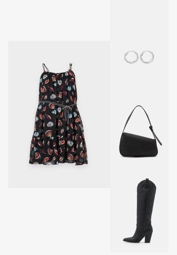 Sort kjole med flared kant, prydet med farverige muslingemønstre. Den har justerbare stropper og en indsnævret talje med et kontrasterende bånd.; Zign by Zalando LEATHER - Cowboy- / bikerstøvler - black; Sort læderhåndtaske med en triangular form, skrå klap og et rundt håndtag. Har en glat overflade og minimalistiske design detaljer.; Sølv hoops med en bølget, uregelmæssig tekstur. Har en tynd, cirkulær form og en reflekterende finish.
