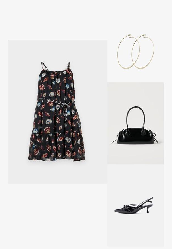 Vestido negro con dobladillo acampanado, con patrones de conchas coloridas. Tiene tirantes ajustables y una cintura ceñida con un lazo de contraste.; Zapato de salón slingback de charol negro con punta afilada, tacón bajo tipo kitten, y detalle decorativo de lazo anudado en la parte delantera.; Pequeño bolso negro brillante con dos asas largas y detalles de cordón lateral sobre un fondo claro liso.; Pilgrim Pendientes - gold-coloured