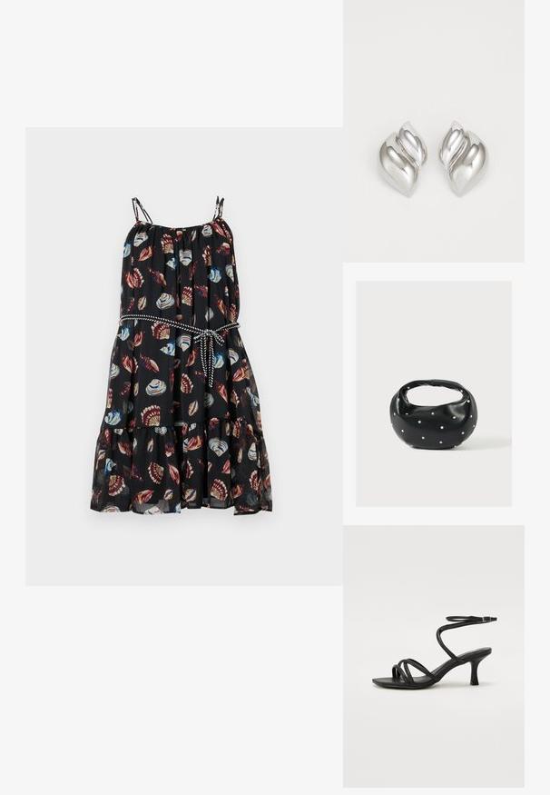 Vestido negro con dobladillo acampanado, con patrones de conchas coloridas. Tiene tirantes ajustables y una cintura ceñida con un lazo de contraste.; Even&Odd Wide Fit Sandalias - black; Bolso de mano de cuero negro con forma redondeada, decorado con detalles de tachuelas plateadas y un asa corta. Textura lisa y cierre con cremallera.; Pendientes de plata con una forma orgánica y abstracta. Superficie lisa y brillante con un diseño cónico. Presentan suaves curvas y un detalle de línea central.