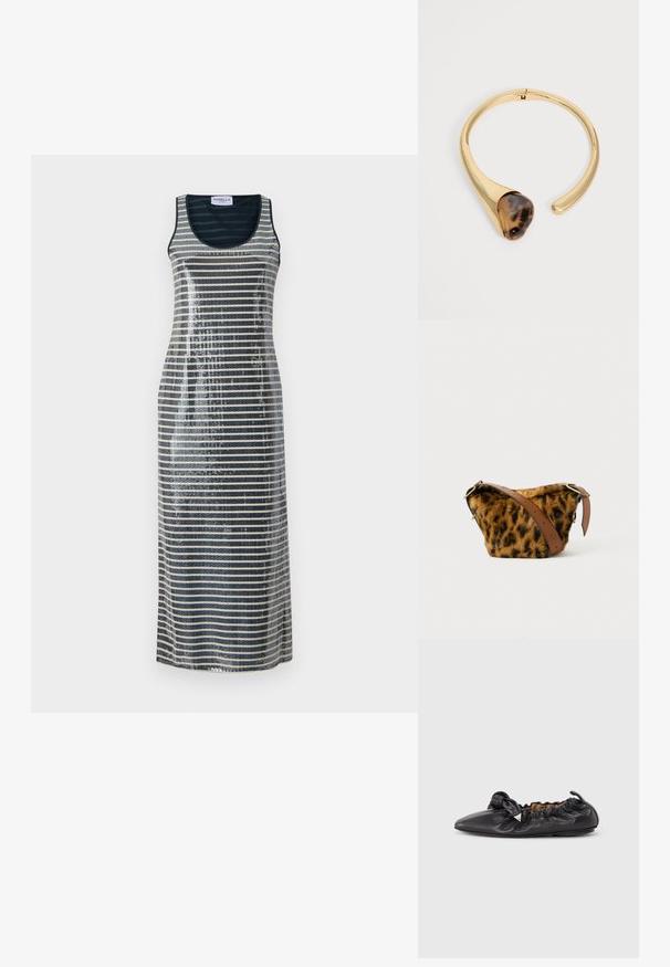 Vestido maxi sin mangas con rayas verticales en tonos azul marino y plateado, adornado con lentejuelas para añadir textura y brillo.; Bailarina de cuero negro con fruncidos, punta afilada y pequeño adorno triangular metálico en el lateral, suela plana.; Bolsa de pelaje sintético con estampado de leopardo y una correa de cuero marrón, que presenta una forma redondeada y detalles en dorado.; Brazalete abierto de oro con un detalle redondeado de carey en un extremo, mostrado sobre un fondo claro y liso.