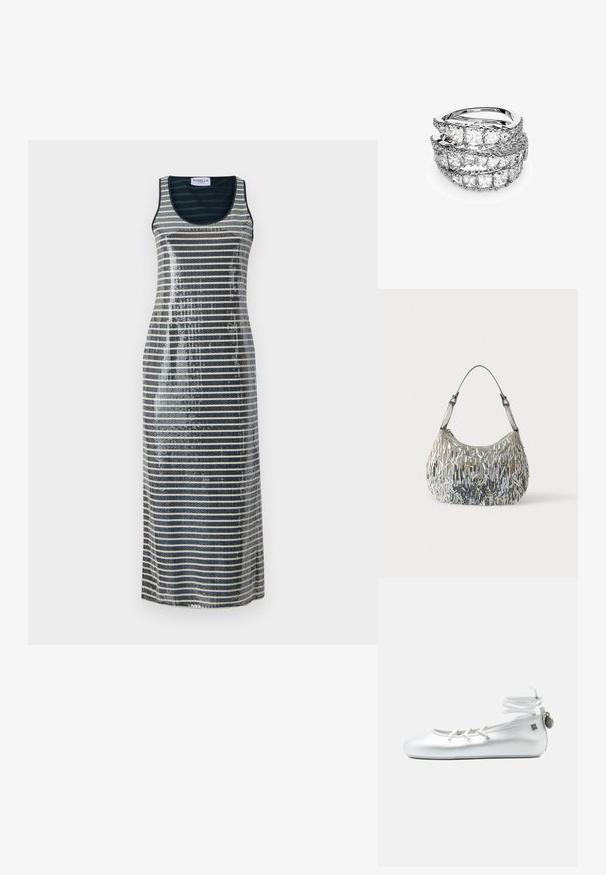 Vestido maxi sin mangas con rayas verticales en tonos azul marino y plateado, adornado con lentejuelas para añadir textura y brillo.; Bailarina blanca con lazo alrededor del tobillo, cordones en la parte delantera y una pequeña etiqueta metálica en la lengüeta del talón, mostrada sobre un fondo liso.; Bolso de mano plateado con lentejuelas, superficie texturizada y forma curva. Cuenta con un asa transparente y cierre de cremallera para un almacenamiento seguro.; Tres anillos entrelazados hechos de plata pulida, con varios diamantes de corte cuadrado engastados en un ajuste de garras.