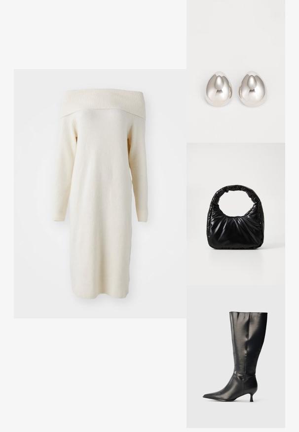 Robe en tricot crème décolletée avec des manches longues, un col côtelé et une texture douce, présentant une coupe droite et une longueur au genou.; Botte en cuir noire montant jusqu'au genou, avec un bout pointu et un petit talon bas, présentée sur un fond clair uni.; Sac à main noir rembourré avec une poignée arrondie, présentant une surface lisse et brillante ainsi qu'une texture douce et matelassée. Pas de quincaillerie ou d'accents visibles.; Boucles d'oreilles en métal argenté avec un design lisse et arrondi ressemblant à la forme d'une goutte d'eau, présentant une surface réfléchissante et une finition sans couture.