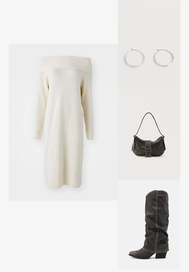 Robe en tricot crème décolletée avec des manches longues, un col côtelé et une texture douce, présentant une coupe droite et une longueur au genou.; Bottines en cuir gris hauteur mollet avec un design décontracté, bout pointu et talon empilé. Détails de couture remarquables sur la zone des orteils.; Sac à épaule en cuir noir avec une sangle à boucle, des bords arrondis et des coutures blanches contrastées sur un fond uni.; Boucles d’oreilles créoles en métal argenté avec une surface lisse légèrement incurvée et des fermoirs à clapet sur un fond blanc uni.