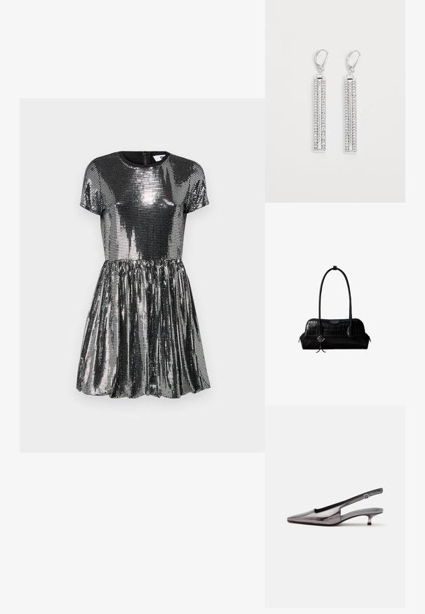 Vestido negro de manga corta cubierto de lentejuelas, con falda acampanada, escote redondo y cierre de cremallera en la parte posterior. Textura brillante y reflectante.; Zapato slingback gris metálico con punta puntiaguda, tacón bajo tipo kitten y correa ajustable sobre fondo blanco.; Bolso de hombro negro de cuero con textura de cocodrilo, con correas largas y un pequeño colgante de logo plateado en una correa.; Pendientes de plata con dos barras alargadas, cada una decorada con pequeños rhinestones claros en un patrón lineal. Cierre de presión.