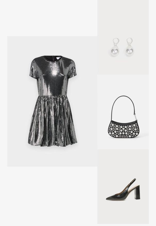 Kurzes schwarzes Kleid mit kurzen Ärmeln, das mit Pailletten bedeckt ist. Es hat einen ausgestellten Rock, einen runden Ausschnitt und einen Reißverschluss hinten. Glänzende und reflektierende Textur.; Schwarzer Leder-Slingback-Schuh mit spitzer Kappe, hohem Blockabsatz und beigegefüttertem Innenraum vor hellem, einfarbigem Hintergrund.; Schwarze Lederhandtasche mit geschwungener Form, verziert mit silbernen Nieten in verschiedenen Größen und einem kurzen Tragegurt. "HUGO"-Logo auf der Vorderseite aufgedruckt.; Silberne Tropfenohrringe mit glatten, runden, reflektierenden Oberflächen, die an Hakenverschlüssen hängen. Der Hintergrund ist reinweiß.