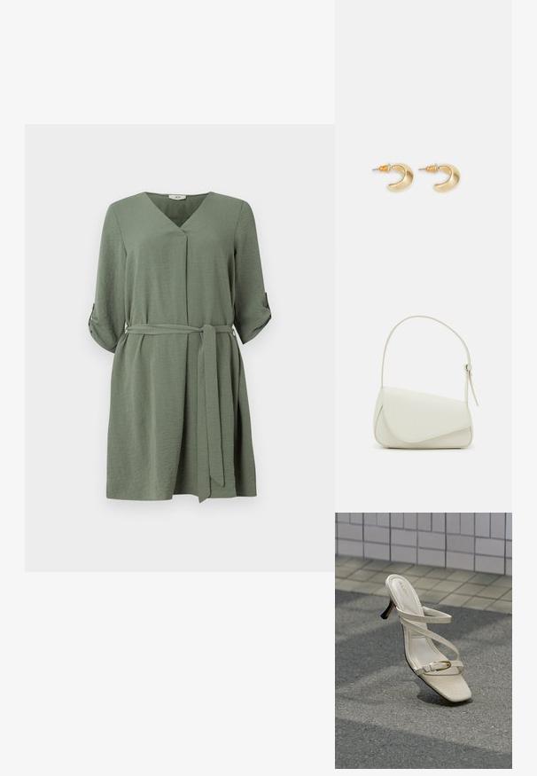 Hellgrünes Wickelkleid mit V-Ausschnitt, Dreiviertelärmeln und Gürtelschlaufe. Hergestellt aus strukturiertem Stoff, mit umgeschlagenen Manschetten und lockerer Passform.; Beige High-Heel-Sandale mit dünnen Riemchen und kleiner goldener Schnalle, präsentiert auf strukturiertem Pflaster vor einem gefliesten Wandhintergrund.; Weiße Kunstleder-Handtasche mit einer strukturierten dreieckigen Form, einem verstellbaren Einzelgurt und einem Klappenverschluss mit geschwungenen Akzenten.; Goldene, mondförmige Ohrringe mit glatter Oberfläche, die orangefarbene Akzente nahe dem Stecker und silberne Beschläge aufweisen.