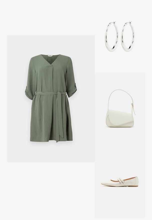 Vestido envolvente verde claro con escote en V, mangas tres cuartos y cinturón. Hecho de una tela texturizada, con puños enrollados y un ajuste suelto.; Bailarinas de charol blanco con punta afilada, dos tiras decorativas con hebillas plateadas y una plantilla sutilmente marrón.; Bolso de mano de imitación cuero blanco con una forma triangular estructurada, correa ajustable única y cierre con solapa acentuada en curva.; Pendientes de aro de plata con un acabado suave y brillante. Forma circular, con un cierre seguro. Diseño sencillo y elegante.