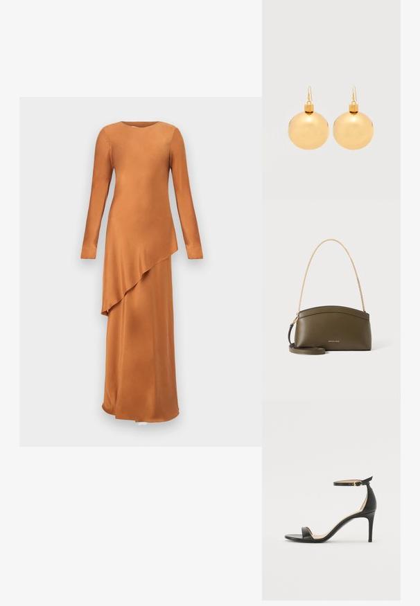 Robe longue en satin à manches longues, de couleur marron caramel chaud, avec un voile asymétrique sur la partie jupe.; Sandale à talons hauts en cuir noir avec une lanière de cheville. Présente une texture lisse, un bout ouvert et un talon fin. Détail de boucle en ton doré.; Sac à main Michael Kors vert olive avec bandoulière en chaîne dorée, dessus courbé et petit logo doré sur le devant, présenté sur fond blanc.; Paire de boucles d'oreilles boule de Noël dorées brillantes avec fermoirs à crochet sur fond blanc uni.