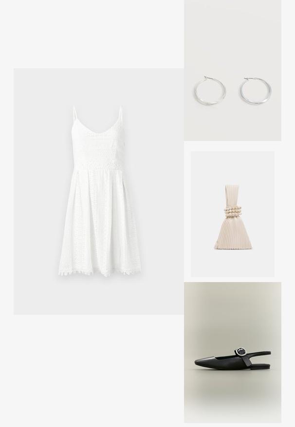 Robe en dentelle blanche avec un corsage ajusté et une jupe évasée. Présente des bretelles fines, un décolleté en V et des motifs floraux délicats.; Chaussure plate slingback noire à bout pointu, boucle argentée et petit talon sur fond neutre.; Petit sac à main beige plissé avec une anse nouée et trois bracelets ronds en perles enroulés autour du milieu.; Boucles d’oreilles créoles en métal argenté avec une surface lisse légèrement incurvée et des fermoirs à clapet sur un fond blanc uni.