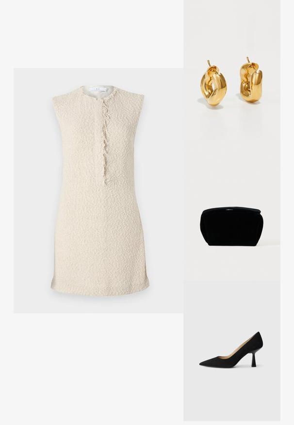 Robe sans manches beige en tissu tissé texturé. Présente une couture effilochée centrale pour les détails. Design minimaliste et coupe droite.; Pompe à talons hauts en suède noir avec un bout pointu, dotée d'un talon bloc noir brillant et d'une doublure intérieure lisse.; Trousse de maquillage en velours noir avec une surface douce et texturée, un dessus arrondi et une fermeture éclair. Design compact, adapté à divers besoins de rangement.; Boucles d'oreilles créoles en or massif avec un design tubulaire légèrement tordu et des fermoirs à tige sur un fond blanc.