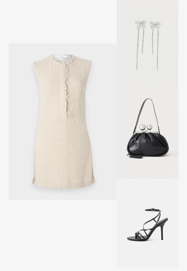 Beige ærmeløs kjole i et struktureret, vævet stof. Har en central frynset søm som detalje. Minimalistisk design og lige snit.; Sort højhælet sandal med tynde stropper, en ankelspænde, en glat læderoverflade og en slank stilethæl.; Sort læderhåndtaske med opsamlet design, en enkelt rem, sølv metalramme og to store runde sølv lukninger.; Lange sølvøreringe med en klynge af rhinsten øverst og hængende tråde af mindre rhinsten nedenunder.