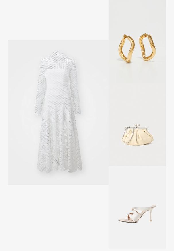 Robe blanche à manches longues et col haut, faite en tissu à motif de dentelle circulaire, avec un ourlet fluide et à volants.; Mule beige à talon haut avec un bout pointu, un talon aiguille fin et trois larges brides en cuir sur le dessus du pied.; Pochette en cuir beige plissé avec un cadre en métal argenté, dotée de deux fermoirs ronds décoratifs et d'une chaîne en argent.; Boucles d'oreilles en forme de cerceau de couleur dorée avec une forme courbée et irrégulière et une texture lisse et polie. Aucun matériel ou accent visible.