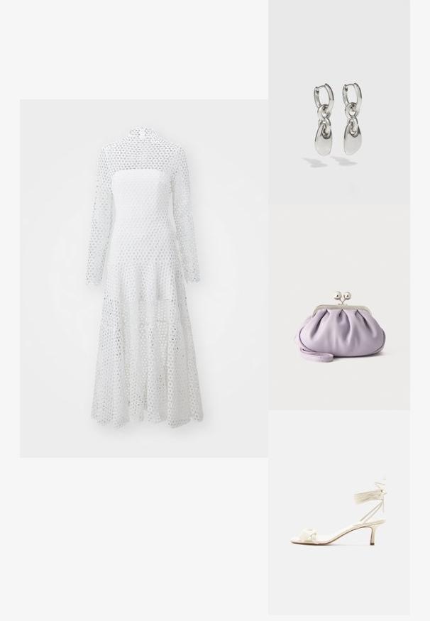 Robe blanche à manches longues et col haut, faite en tissu à motif de dentelle circulaire, avec un ourlet fluide et à volants.; Sandale à talon bas de couleur crème avec des liens à nouer autour de la cheville et une large bride torsadée sur les orteils, sur un fond blanc uni.; Pochette lavande douce avec tissu froncé, fermoir kiss-lock argenté et bracelet assorti sur un fond clair uni.; Boucles d'oreilles en argent avec des maillons ovales allongés, présentant une finition polie et un pendentif tombant texturé. Design simple avec des bords lisses.