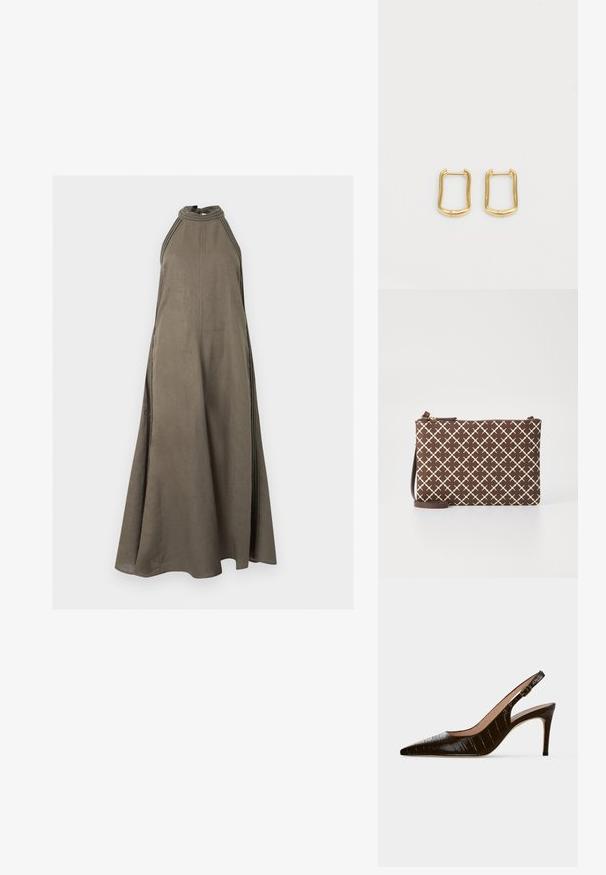 Robe longue sans manches vert olive avec un col montant et des détails cousus sur les côtés, réalisée en tissu léger.; Chaussure slingback à talon haut marron foncé, bout pointu, texture crocodile et petite boucle dorée sur la bride.; Boucles d'oreilles en or en forme rectangulaire irrégulière, avec une texture lisse et un éclat subtil. Design simple sans embellissements.; Pochette marron à motifs avec un design géométrique en beige clair, dotée d'une fermeture éclair et d'une bandoulière réglable marron.