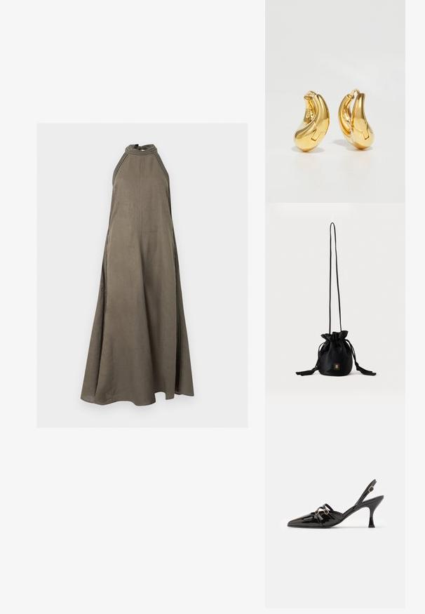 Robe longue sans manches vert olive avec un col montant et des détails cousus sur les côtés, réalisée en tissu léger.; ALOHAS JOELLE ONIX - Escarpins - black; Sac seau noir à cordon avec une longue sangle fine et un petit logo carré doré sur le devant, présenté sur un fond uni.; Boucles d'oreilles en or en forme de d'anneaux lisses et courbés avec une finition polie. Équipées d'un mécanisme de fermeture et de légères indentations pour le détail.