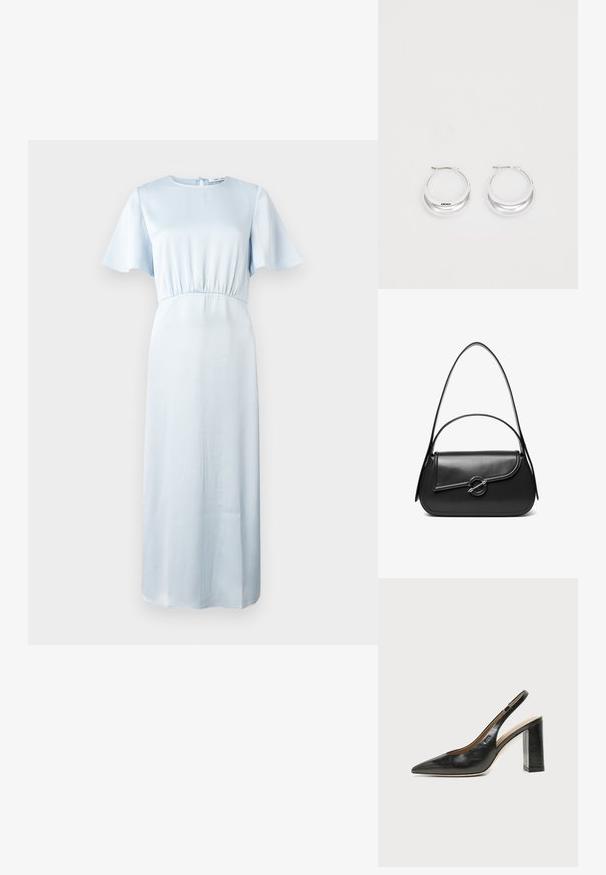 Vestido azul claro con escote redondo, mangas cortas tipo volante, cinturilla elástica y una silueta fluida hasta el suelo. Textura suave.; Zapato slingback de piel negra con puntera puntiaguda, tacón alto y ancho, y forro interior beige sobre un fondo claro y liso.; Bolso de hombro de cuero negro con una solapa curva asegurada por un broche metálico redondo y una correa delgada y ajustable.; Pendientes de aro de plata con un acabado pulido y la marca DKNY, exhibidos sobre un fondo blanco liso.