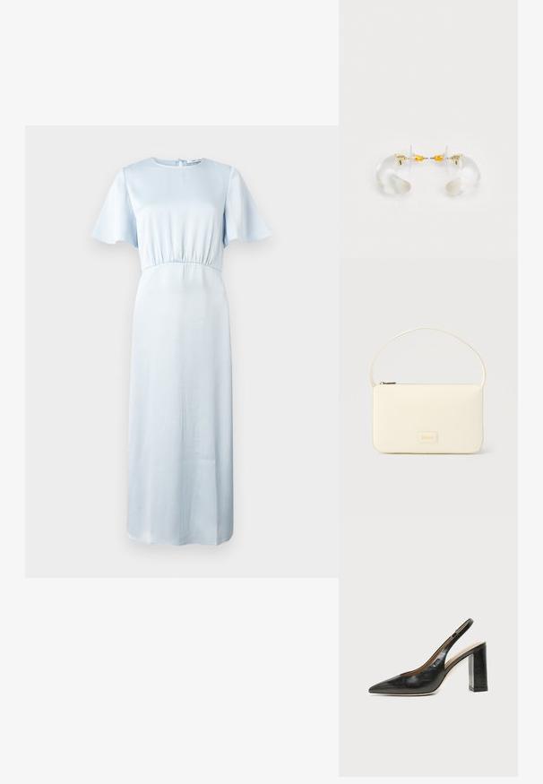 Vestido azul claro con escote redondo, mangas cortas tipo volante, cinturilla elástica y una silueta fluida hasta el suelo. Textura suave.; Zapato slingback de piel negra con puntera puntiaguda, tacón alto y ancho, y forro interior beige sobre un fondo claro y liso.; Bolso rectangular color crema con una sola correa y cremallera superior, con una pequeña placa de logotipo en relieve en el frente.; Pendientes de aro de acrílico transparente con acentos dorados, que presentan un diseño curvado y un cierre transparente. Textura suave, estilo minimalista.