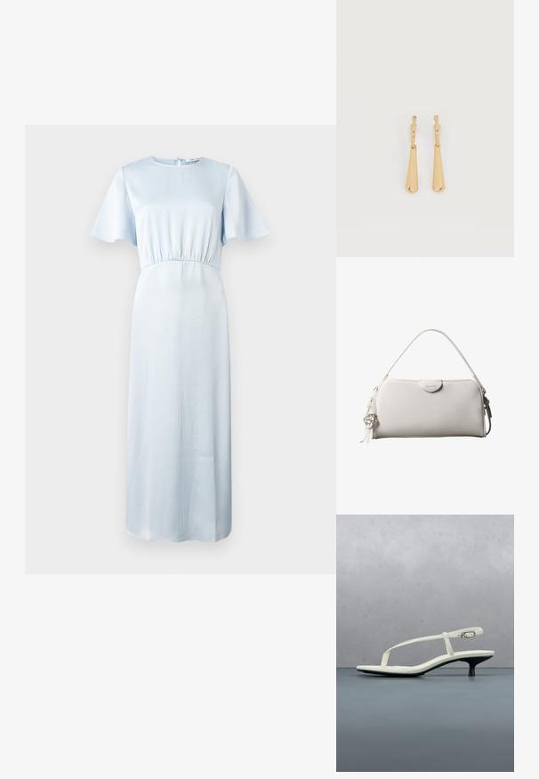 Vestido azul claro con escote redondo, mangas cortas tipo volante, cinturilla elástica y una silueta fluida hasta el suelo. Textura suave.; Sandalia blanca de tacón kitten con tiras y punta afilada, flotando sobre un suelo de baldosas de madera al aire libre, con un fondo desenfocado de plantas y pared.; Bolso rectangular blanco de Calvin Klein con un solo asa, diseño minimalista y borlas decorativas con un charm metálico geométrico en el lateral.; Pendientes colgantes en tono dorado con colgantes alargados y suaves en forma de lágrima, colgando de cierres de aros pequeños sobre un fondo blanco.