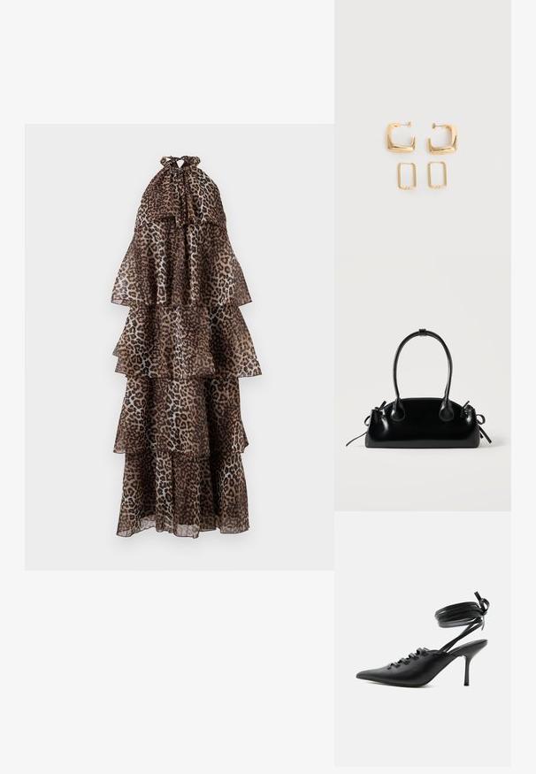 Maxi-jurk met luipaardprint, voorzien van gelaagde tiers, gemaakt van doorschijnende stof, met een halternek en geplooide randen. Aardetinten domineren het ontwerp.; Zwarte pumps met spitse neus en hoge hak, met veters aan de voorkant en riempjes die rond de enkel wikkelen en zijn gestrikt in een strik, gezien vanaf de zijkant tegen een witte achtergrond.; Kleine zwarte glanzende handtas met twee lange hengsels en zijkant trekkoord details op een effen lichte achtergrond.; Twee paar gouden geometrische creolen op een effen witte ondergrond, een paar vierkant en massief, een paar rechthoekig en hol.